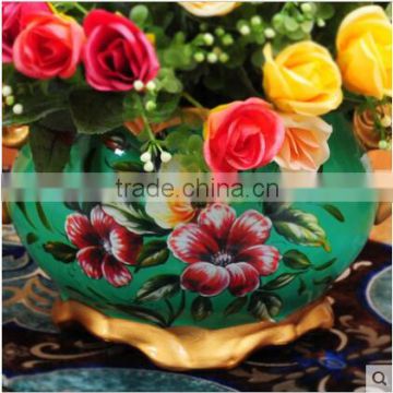 Gold hand painted flower metal base ceramic vase for home deco