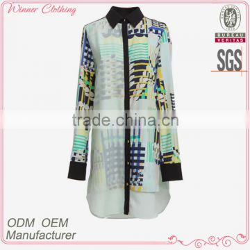 Ladeis' fahison long sleeves double layer digital print high quality direct factory chiffon style blouse 2015