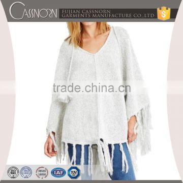 Tasseled plain pullover mohair blend knitted winter sweater ladies poncho
