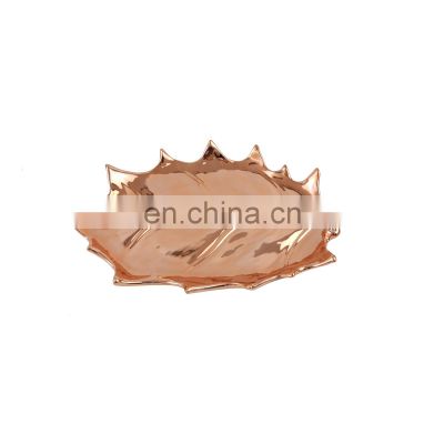 New Factory Custom luxury electroplate rose gold leaf shape ceramic dish plates