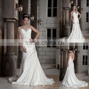 Beaded V-neck Luxurious Satin Ruffles A-line Chapel Train Wedding Dress xyy03-101