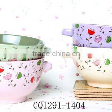 Eco-friendly decal bowl with two handle ceramic soup bowl for sale