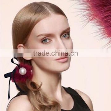 Cute Latest Designs Fashion Mink Fur Elastic Hair Tie with Silk Ribbons for Elegant Women