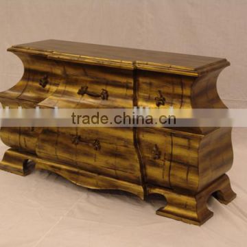 Antique Wooden Curio Cabinets, Exquisite Gold Painting Chest Of Drawers, Classical Wood Carved Console Cabinet