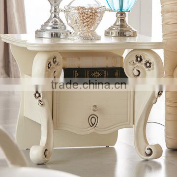 New classic consice flower carving ivory white side table with drawer