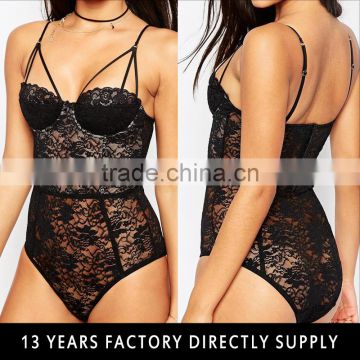 Black crotchless lace bodysuit for sexy women 2016