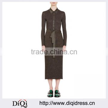 Customized Lady Apparel Black Rib-knit Long Sleeves Point Collar Metallic Shirtdress(DQM035D)