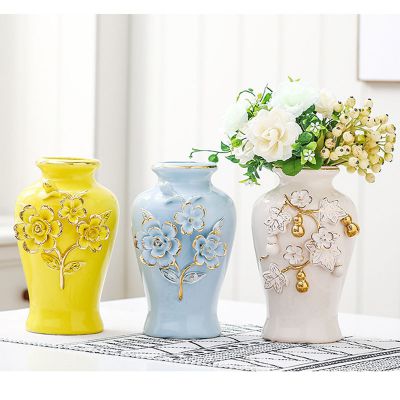 Nordic Palace Creative Romantic Gild Blue Yellow Tall Ceramic Flower Vase For Indoor decor