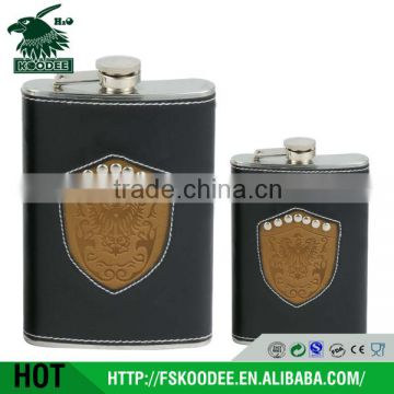 2015 qualified material hip flask with patch logo, stainless steel hip flask with leather cover