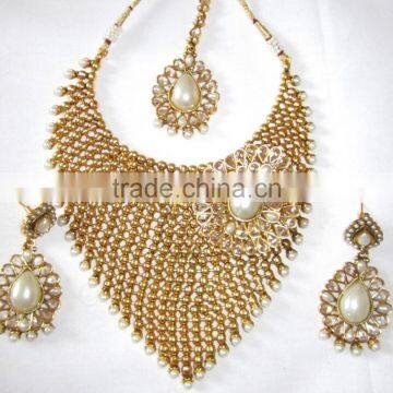 Polki Gold tone pearl Bollywood necklace EARRING Set bridal