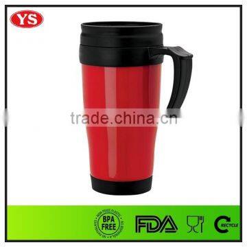 14 oz red Insulated double wall plastic mug with handle