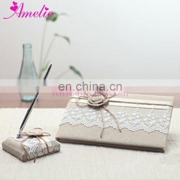 Lace & Linen Fabric Wedding Guest Book and Pen Set Wedding Party Ceremony Accessories Wedding Decoration Supplies
