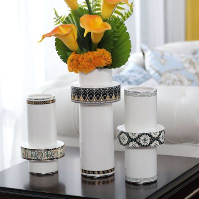 Cylinder European American Glaze Small White Black Stripe Ceramic Vase For Living Room