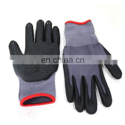 15 Gauge Grey Nylon Liner Knit Wrist Black Ultra Nitrile Foam on Palm Finger with Mini Dots Gloves