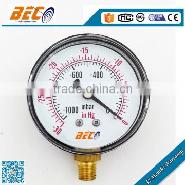 (YZ-60A) 60mm normal brass connection and plastic case material cheap price vacuum mbar low pressure gauge