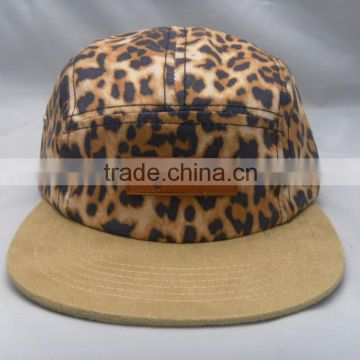 Leopard crown suede brim custom 5 panel camp hat with leather patch