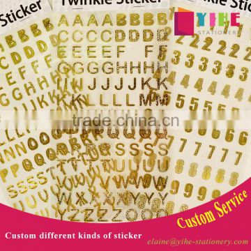 custom gold stamp sticker cheap alphabet shape sticker DIY creative sticker
