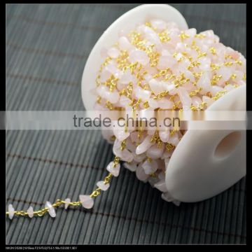 LFD-001C ~ Wholesale Gold Plated Wire Wrapped Freeform Rose Quartz Chips Chain Gem Stone Beaded Chain Jewelry Findings