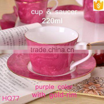 unique design with gold-rim bone china cup 220ml purple/fuchsia/green colorful tea cup with saucer