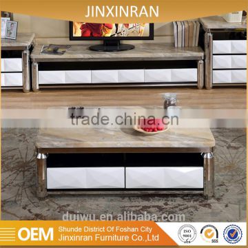 Foshan shunde simple designed metal base white marble top coffee table