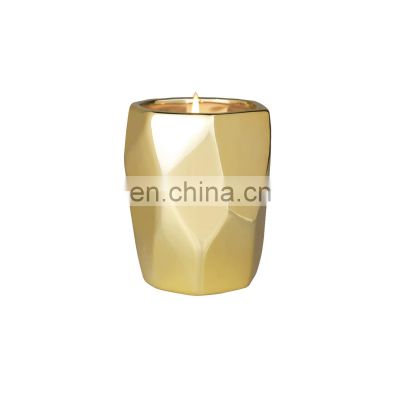 custom unique electroplated luxury pink gold blink cylinder small geometric ceramic candle vessel jar for home decor