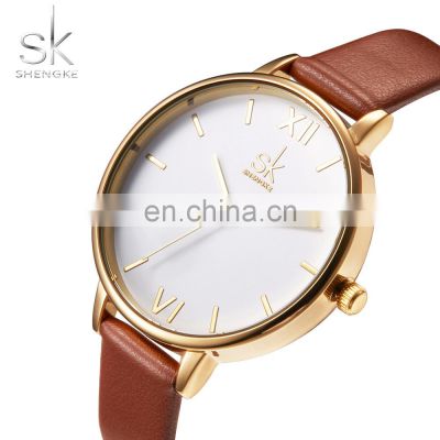 SHENGK Eexquisite Life Womans Wristwatches Brown PU Leather HandWatch Retro Stylish Feminine Quartz Wacths K0056L