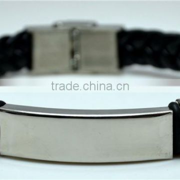 Cool Mens Hot Braided Stainless Steel Bracelets Accessory Rope Cow Leather Rectangle Metal Silver Loop Bracelets For Men