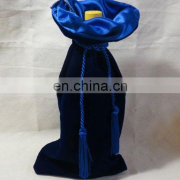 7x17 inch Elegant Satin-Lined Blue custom velvet wine bag with tasseled cord