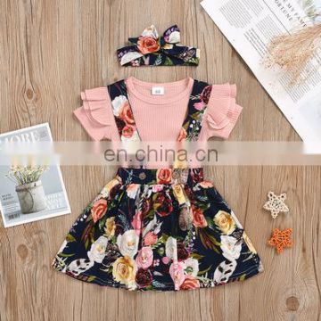 2020 New Summer Amazon Girls' Suit Solid Color Hanging Striped Top Flower Strap Skirt Suit