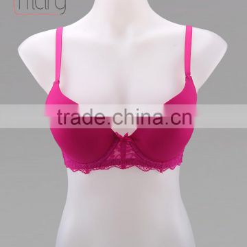 Ladies sexy mature polyester Rose-carmine smooth surface plunge bust lace band thin bra