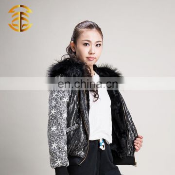 Wholesale Lace Varsity Ladies Satin Bomber Black Jackets with Raccoon Fur Collar