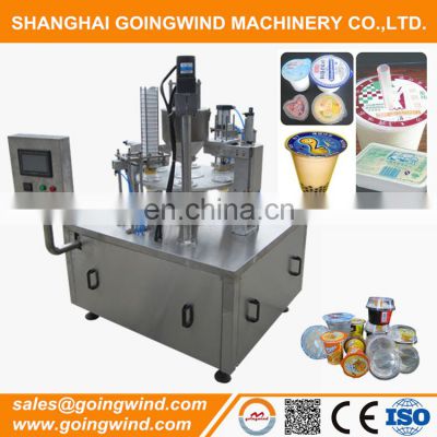 Automatic cup rotary filling machine	auto yogurt water jelly jam butter ice cream filler and sealer cheap price for sale