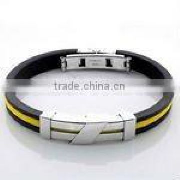 Stainless steel bangle bracelet with rubber accents and yellow cable-style central band