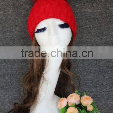 Manufacture Custom Red Cute Fur Pom Pom Knitted Beanie Winter Hats for girls