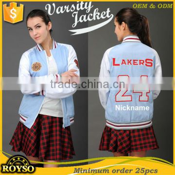 Make Your Own Cotton Varsity Letterman College Jackets Pattern Girls Sailor Collar Light weight Blue and White Slim Fit Jacket