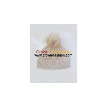 women knitted pure cashmere cable hats and caps with fox/raccoon fur