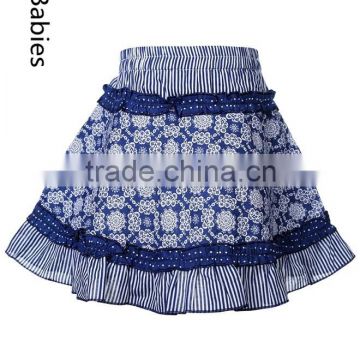 Latest skirt design pictures 2016 girls blue floral and stripe print short skirt                        
                                                                                Supplier's Choice