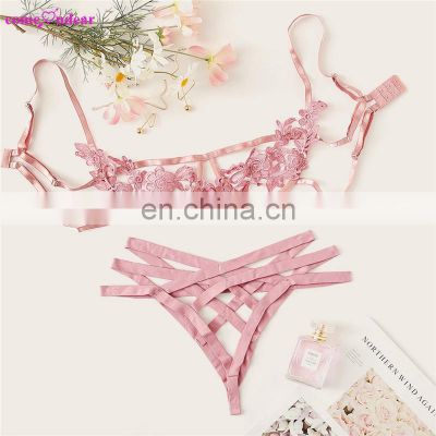 Wholesale Ladies Hollow Out Bandage Embroidery Transparent Pink Bralette Sexy Lingeries Bra Panty Set
