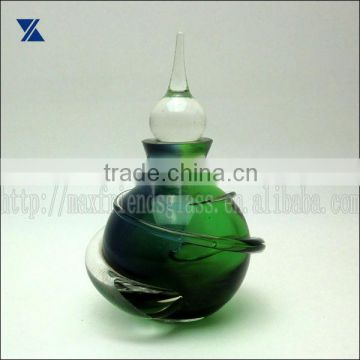 glass perfume bottle, scent bottle, reed diffuser green with clear swirl clear stopper hand blown
