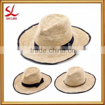 Women's Crochet Raffia Fedora Hat Foldable Natural Straw Hat Wide Brim Beach Sun Cap