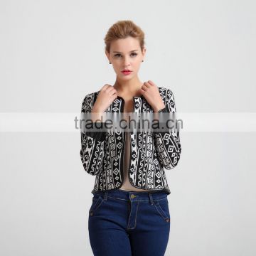 women front open tapestry aztec jacket with piping trim