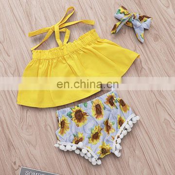 2019 new summer girls yellow sunflower top & kids tassel shorts bloomers & headband 3pc set