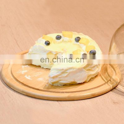 Amazon Hot-selling Round Shaped Creative Transparent Dust Proof Cake Glass Cover Bamboo Tray