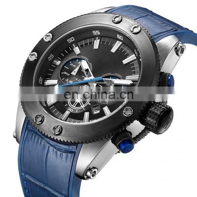 New fashion casual quartz watch men large dial waterproof chronograph custom black leather watch men leather