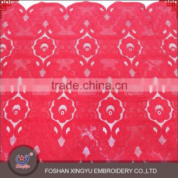 Fashion cheap beautiful flower red/pink water soluble guipure mesh lace micro fiber polyester lace fabric