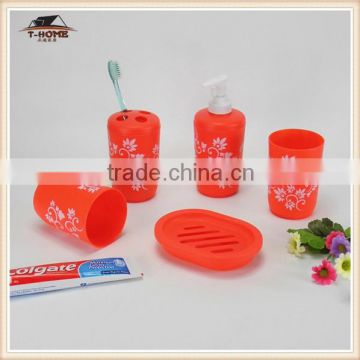 5pcs china supplier plastic red furniture bathroom set with soap dispenser