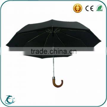 Best selling customized 3 fold automatic umbrella with wooden crook handle