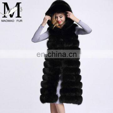 2015 Top Fashion Natural Fox Fur Vest With Trim Hood for Women Real Fur Vest