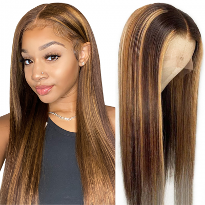 Highlight Human Hair Wigs For Women Bone Long Straight Human Hair Wig Highlighted 13x4 Lace Frontal Wig Colored Human Hair Wigs