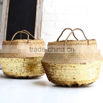 High quality best selling eco-friendly Gold Sequin Dipped Seagrass Basket from Vietnam